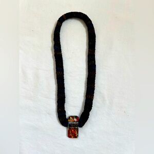 Woven Necklace Glass Foiled Pendant Bohemian Artist Signed Choker 10" Fob 1 1/2"